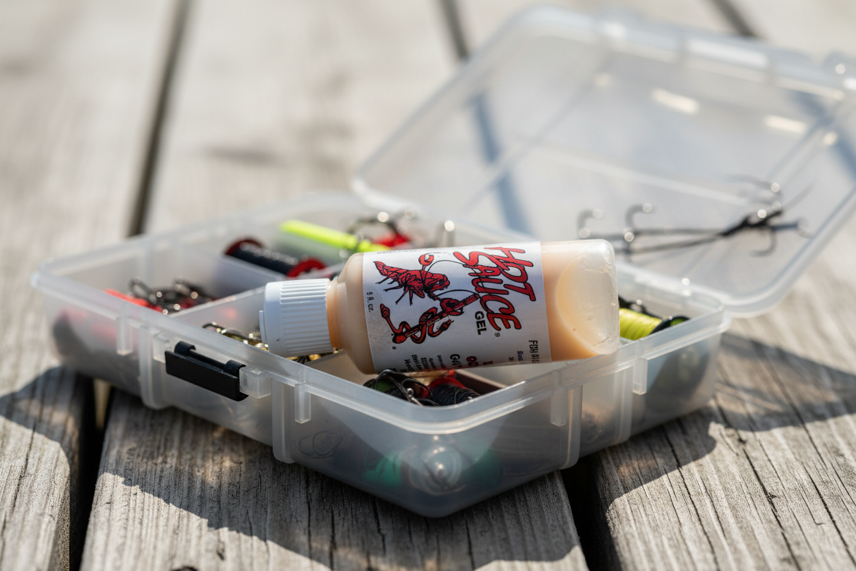 Fishing tackle box with lures and a bottle on a wooden surface