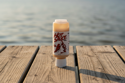 Hot sauce fishing gel bottle with label featuring a red lobster design on the wooden dock